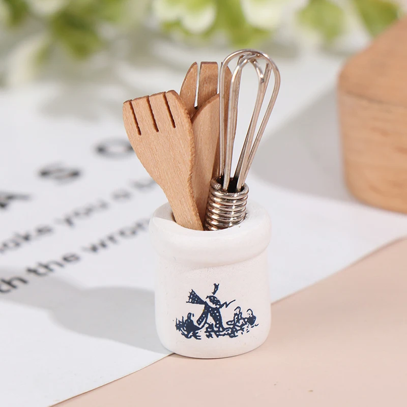 

Miniatures Wooden And Fork Metal Whisk Jar Set Accessories Doll House Kitchen