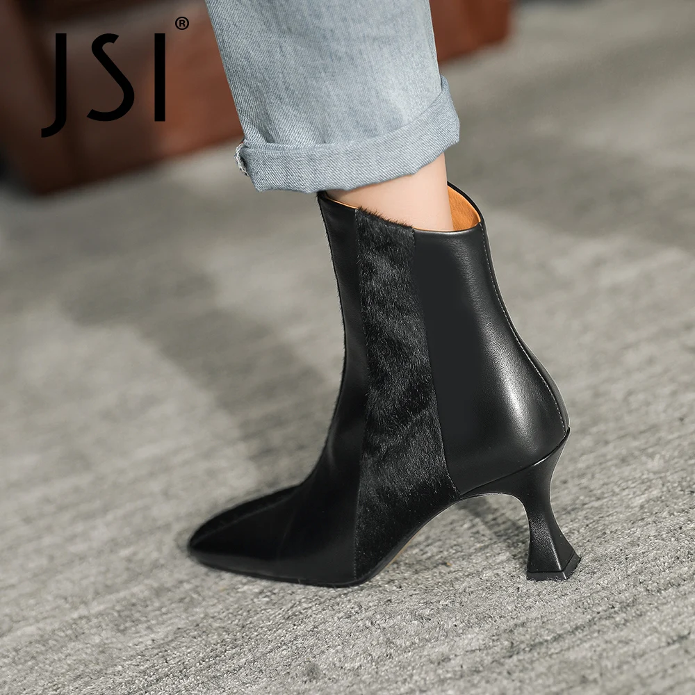

JSI Concise Winter Ankle Boots Woman Genuine Leather Hou Horse Hair High Thin Heel Suqare Toe Short Boot Lady Shoe JO720