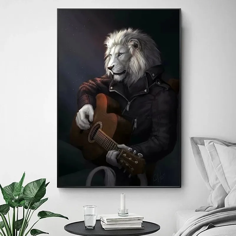 

Lion Gentleman Playing Guitar Canvas Painting Animal Art Posters and Prints Cuadros Wall Art Picture for Living Room Home Decor