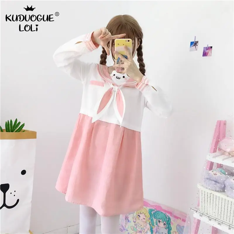 

Женское платье с матросским воротником Mori Girl, розовое милое платье лолиты в стиле Харадзюку с вышивкой, бантом и кроликом, весна-лето, Мими п...