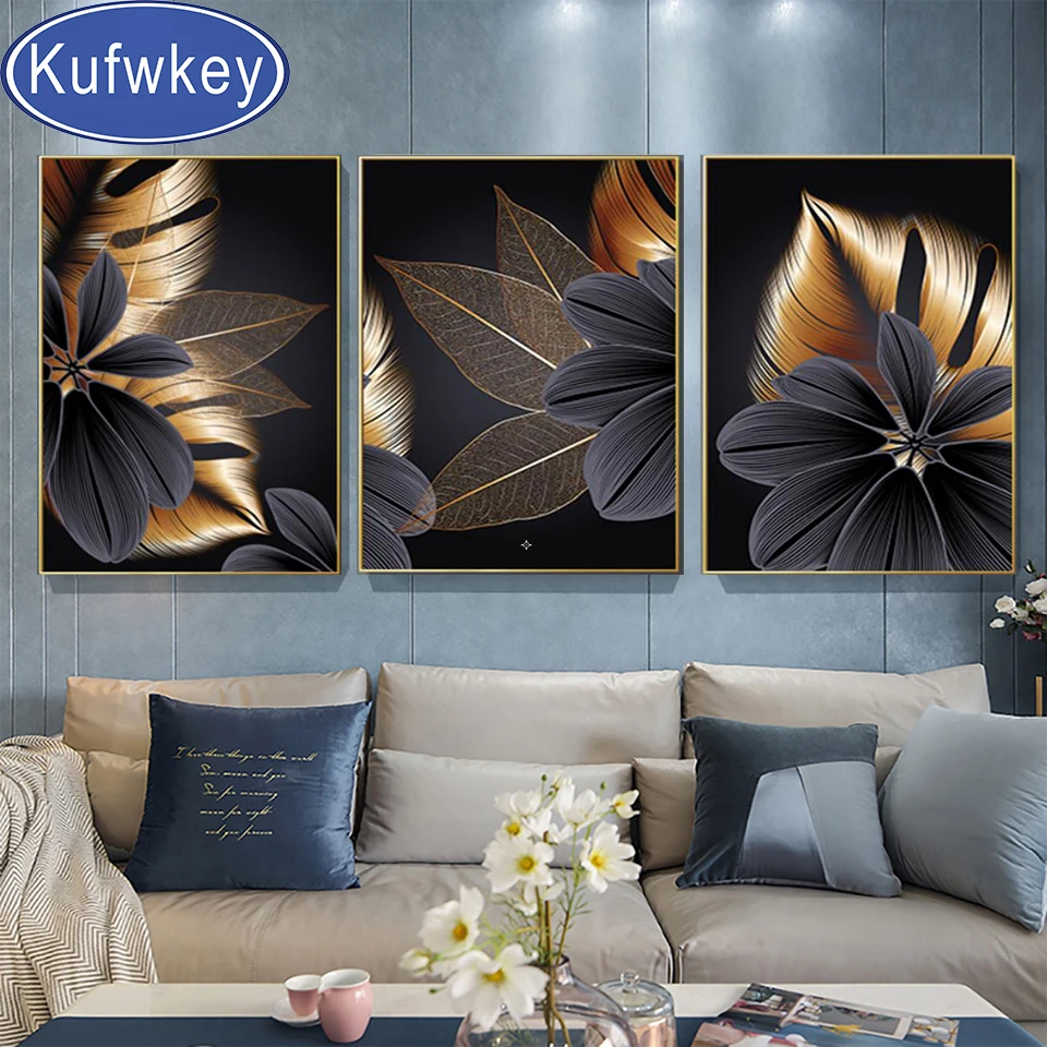 

Black Golden Luxury leaves Diamond Painting Triptych Modern Home Decor Abstract Wall Art Painting Nordic Living Room Decoration