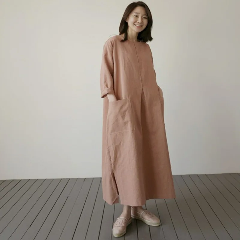 Платье LANMREM женское однотонное средней длины модное хлопково льняное свободное в