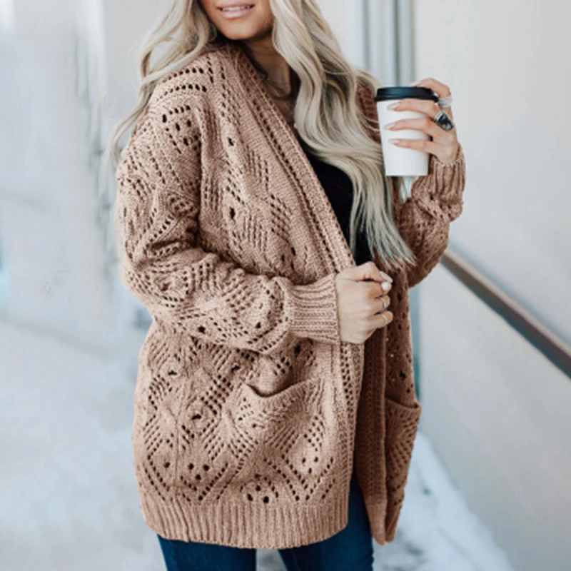 Кардиган женский вязаный с длинным рукавом Модный повседневный однотонный