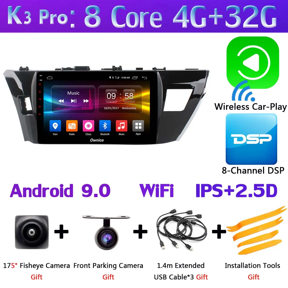 360 ° панорамный 4 × камера Android 9,0 4G+ 64G gps радио CarPlay DSP Автомобильный плеер для Toyota Corolla Lewin E160 E170 E180 - Цвет: K3 Pro CarPlay