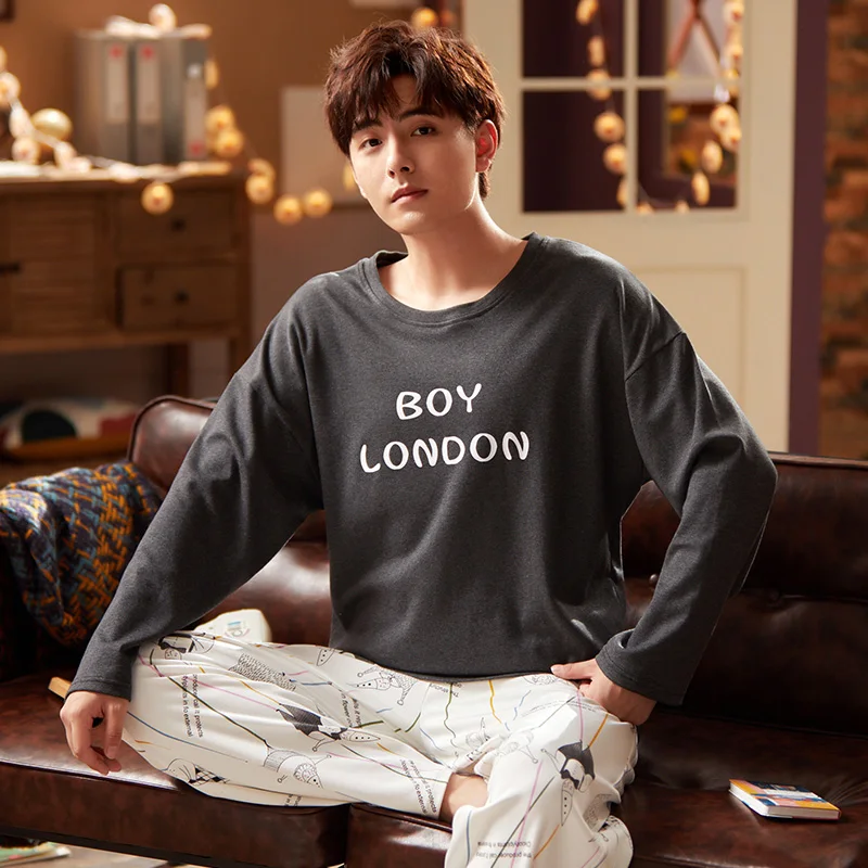 

Autumn 100% Cotton Couple Pajamas Set Winter Long Sleeve Loose Warm Nightwear for Women O-Neck Print Soft Men Sleepwear