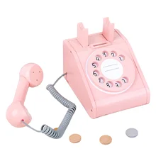 Kid Retro Wooden Playhouse Dial Telephone Toy Interactive Pretend Phone Old Fashioned Landline Wired Phone For Home Office Phone