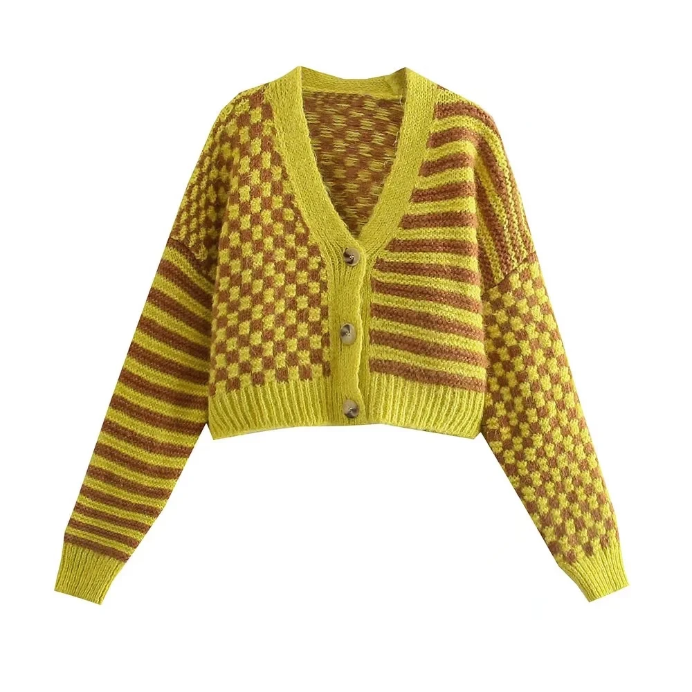 

Women New Autumn Winter Knitted Pearl Decorati Loose Knit Sweater Coat Retro Stripe Stitching V Neck knitted Cardigan Jacket