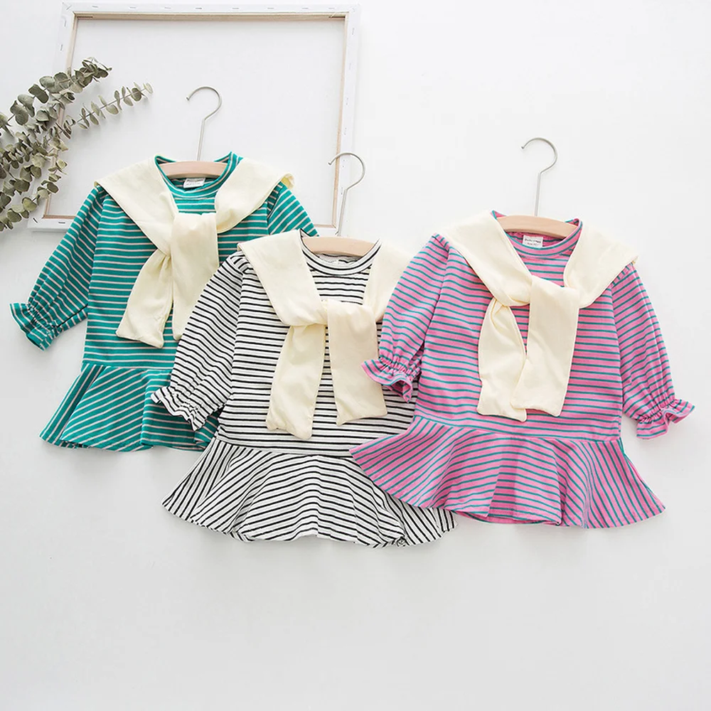 2019 Autumn Children's Dress with Shawl 2 Pcs Set Girl Striped Casual Long Sleeves for Outwear | Детская одежда и обувь