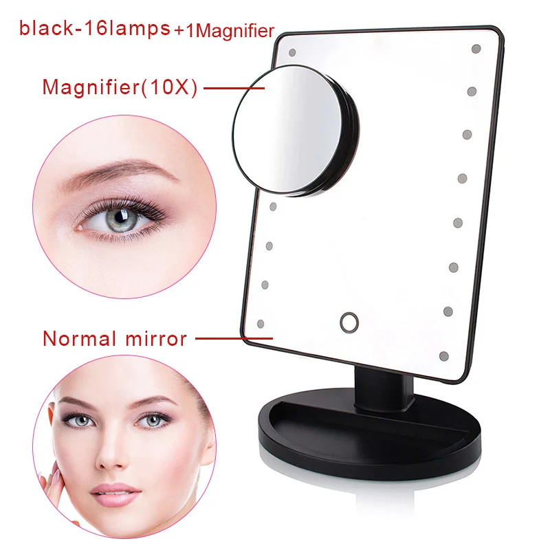 black 16lamps 1Magni 22 светодиодный сенсорный экран зеркало для макияжа дропшиппинг Цена со скидкой 1X 10X яркий регулируемый USB или батареи использовать 16 огней - Цвет: black 16lamps 1Magni