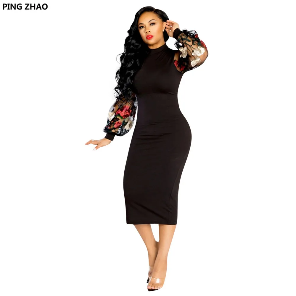 

PING ZHAO Spring And Autumn New Women's Wear Embroidered Puff Sleeves Slim MIDI Skirt Club Dress