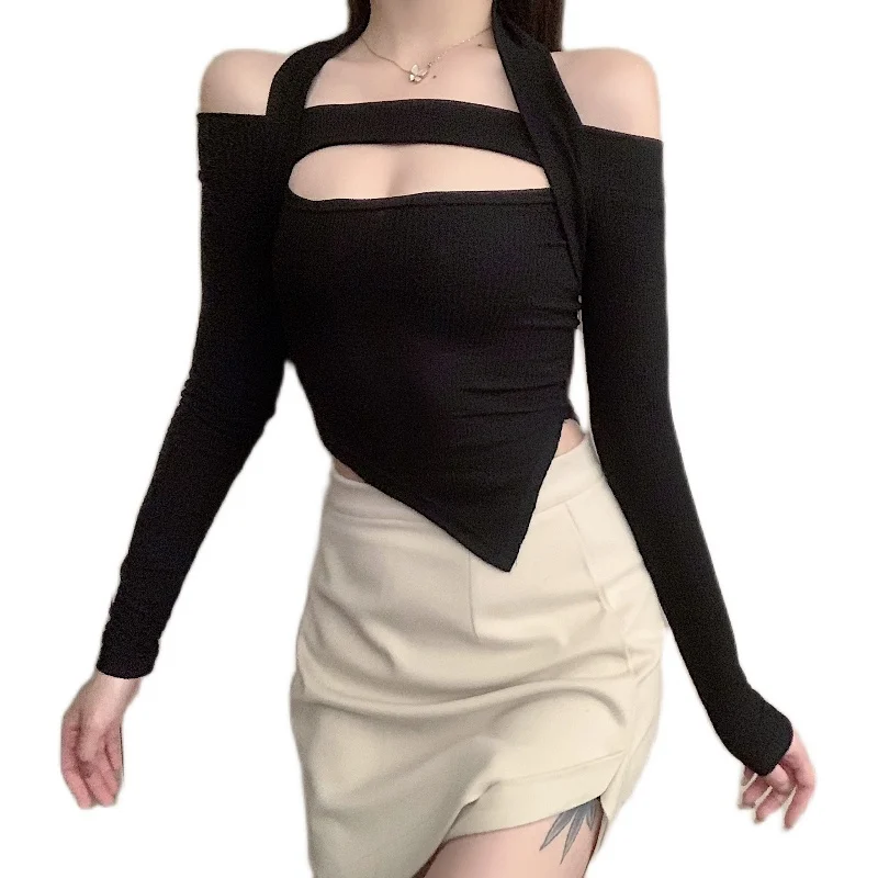 

Girls Chic Fashion 2021 Sexy Slash Neck T-Shirts Tees Female Autumn Spring Full Sleeve Halter Irregular Tshirts Tops Women