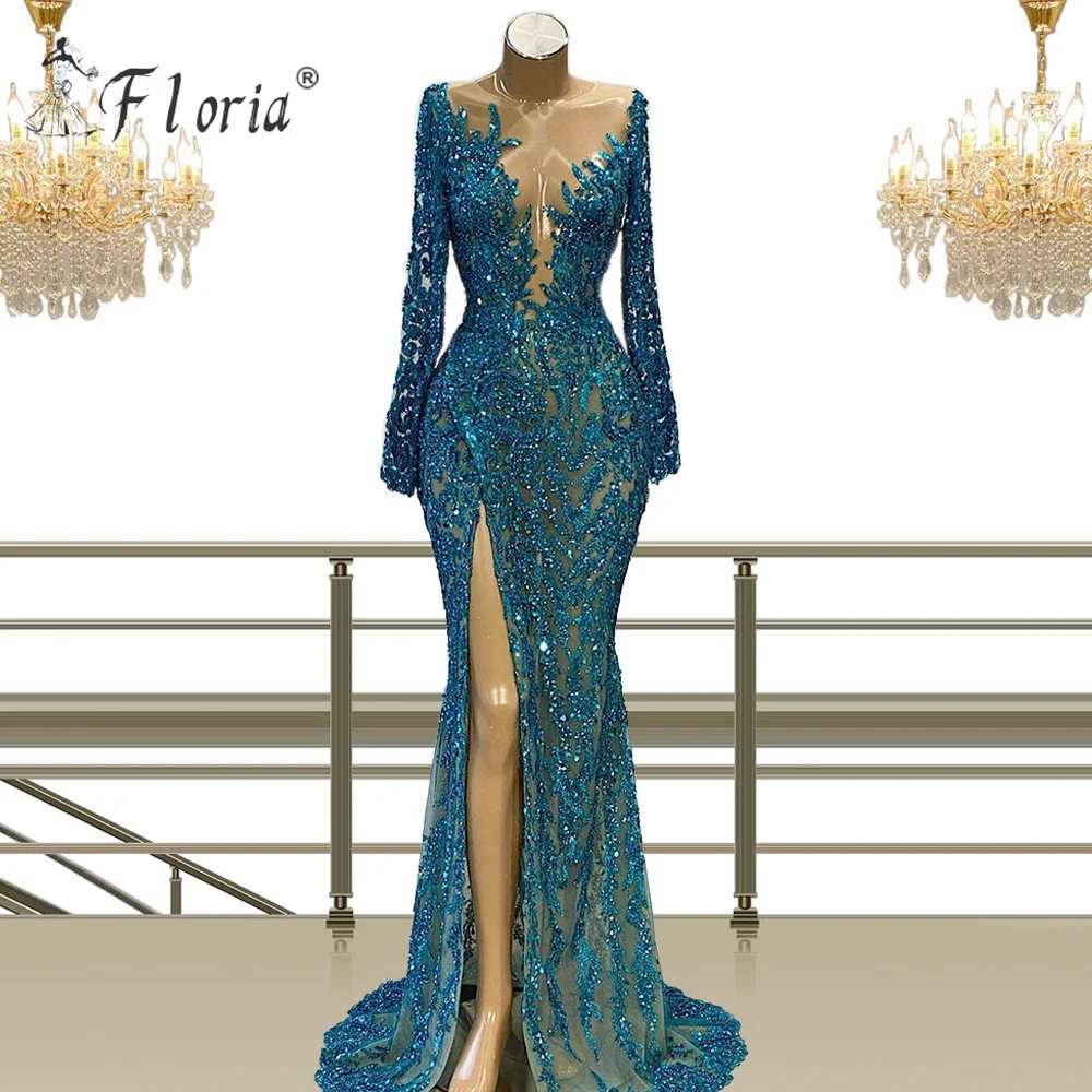 

Teal Blue V Neck Mermaid Evening Dresses High Side Split Longue Robes Long Sleeves Beaded Formal Dress Sexy For Prom Party Gowns