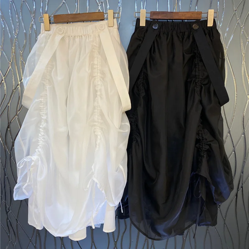

Irregular Casual Skirt For Women High Waist Black Ruched Drawstring Skirts Female Fashion New Clothing