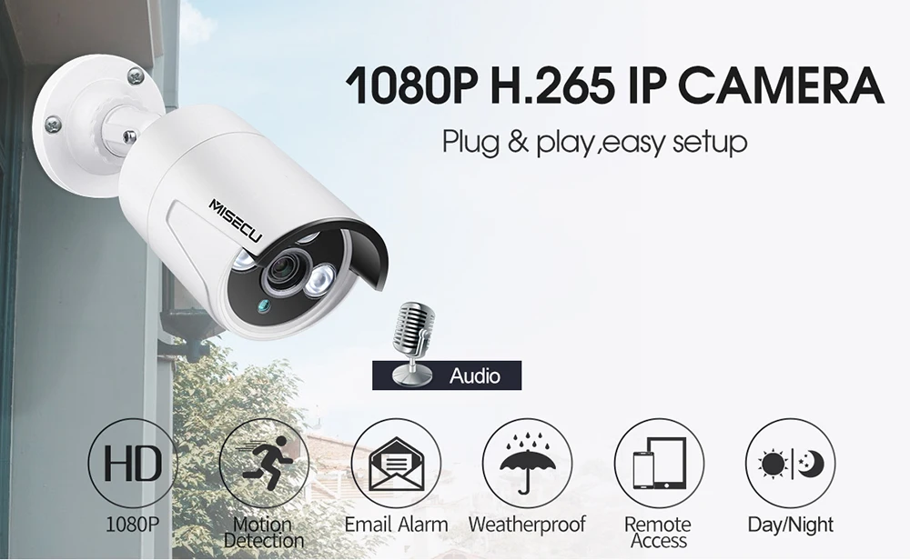 MISECU H.265 1080P POE IP камера 2MP аудио пуля камера Onvif Водонепроницаемый IP66 Крытый открытый дом безопасности видео наблюдения
