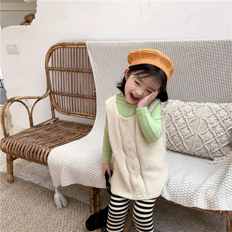 Осень 2019 милое вязаное платье-жилет в Корейском стиле для девочек детское платье