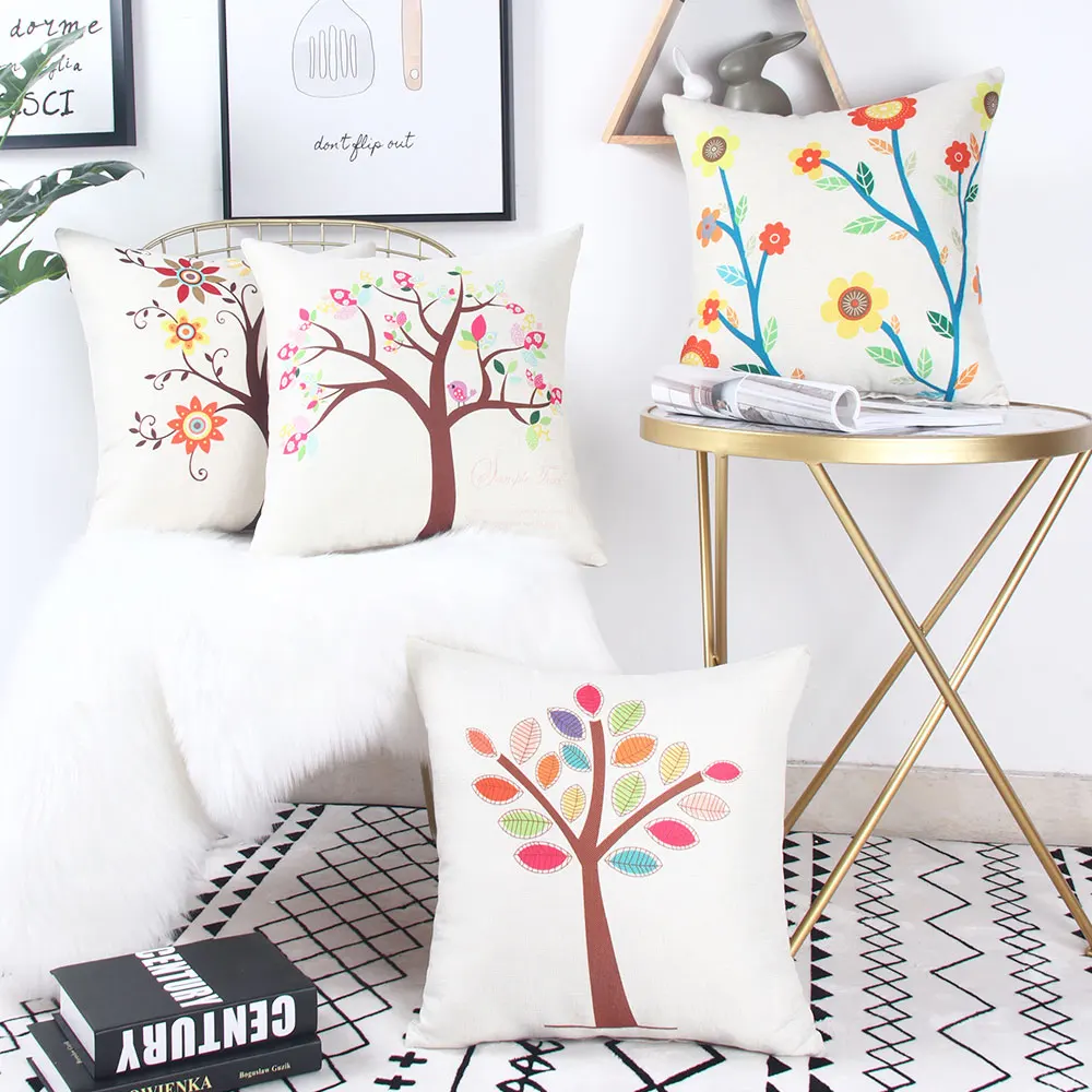 

Zeroomade Cartoon Flowers Cotton Linen Cushion Covers Cute Colorful Tree Thorw Pillowcases For Kids Children Gift Home Decor