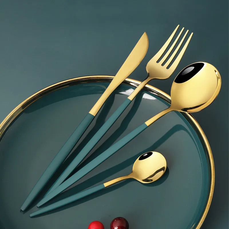 

4pcs Green Gold Western Dinnerware Sets Stainless Steel Cutlery Set Knife Fork Spoon Tea Spoon Restaurant Dining Tableware Sets