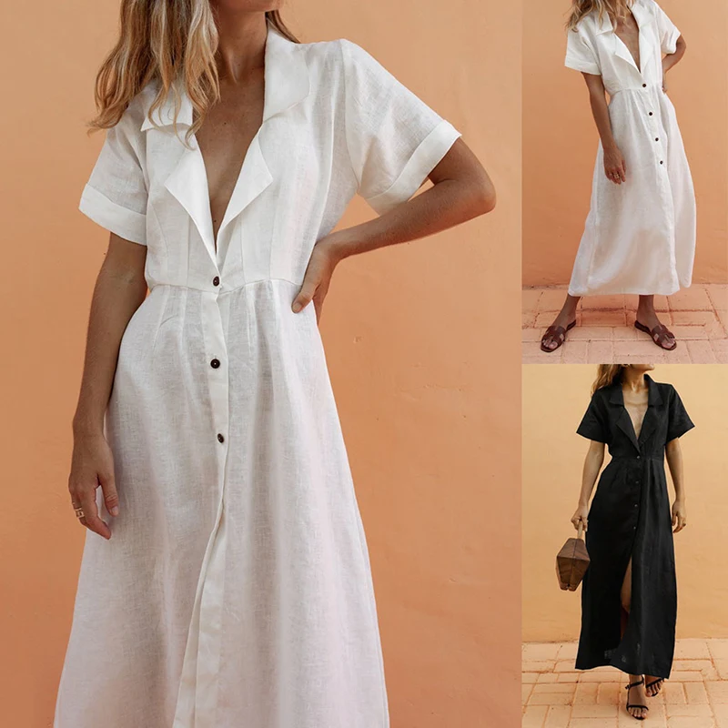 

Women Short Sleeve V Neck Button Down Split Maxi Long Shirt Dress for Summer BMF88