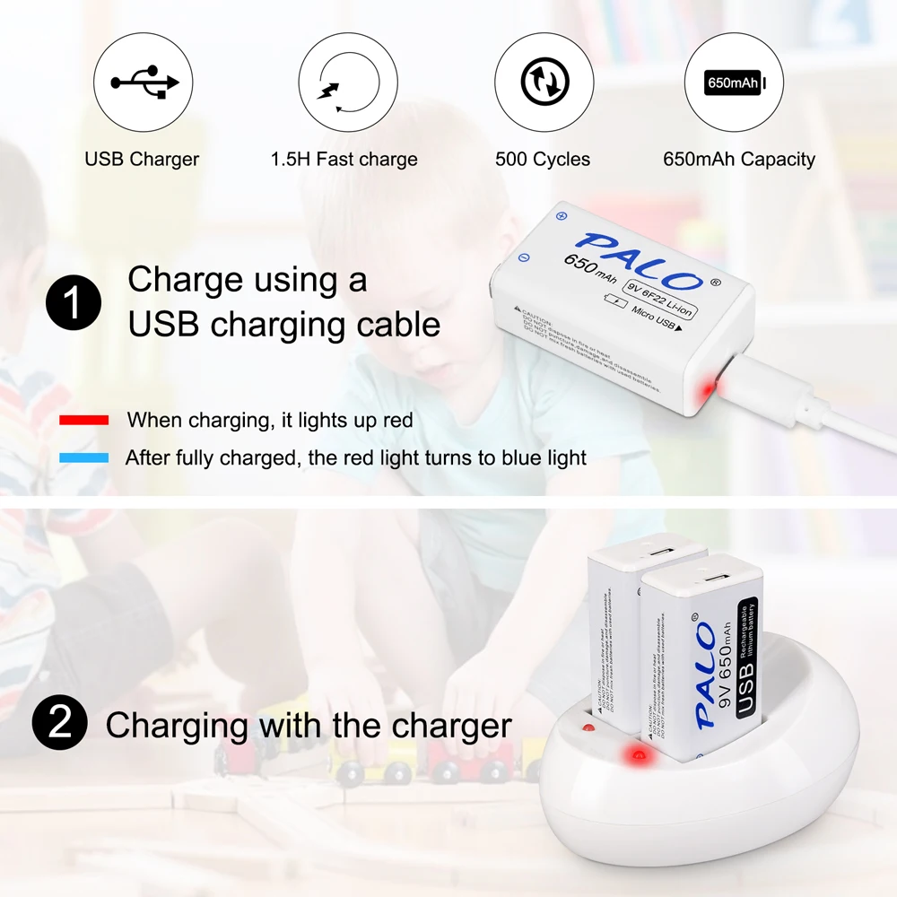 100% Оригинальный литий ионный перезаряжаемый аккумулятор PALO 650 мАч 9 в Micro USB