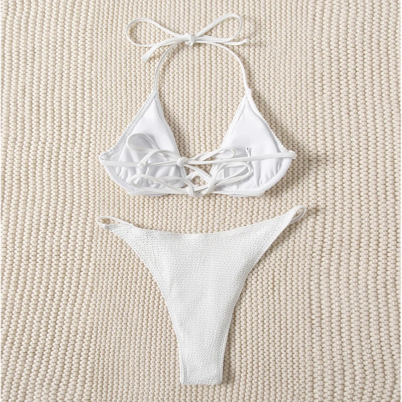 

Rivertrip Push Up Bikinis High Leg Swimsuits Ribbed Swimwear Women Strap Biquini Halter Bathing Suits 2021 Micro Thong Beachwear