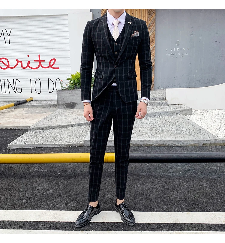 Элегантный Черный, серый цвет Клетчатый костюм «Человек Осень Slim Fit Мужские свадебные костюмы костюм 3 предмета Homme костюмы для торжественных случаев для Для мужчин Q176