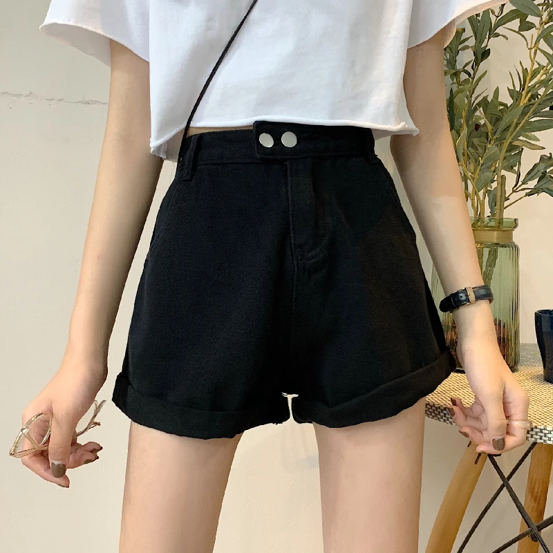 

High Waist Curl Denim Shorts Women's Summer Korean Style Loose Wide Leg A- line Slimming Elastic Waist Wide Leg Thick Hot Pants