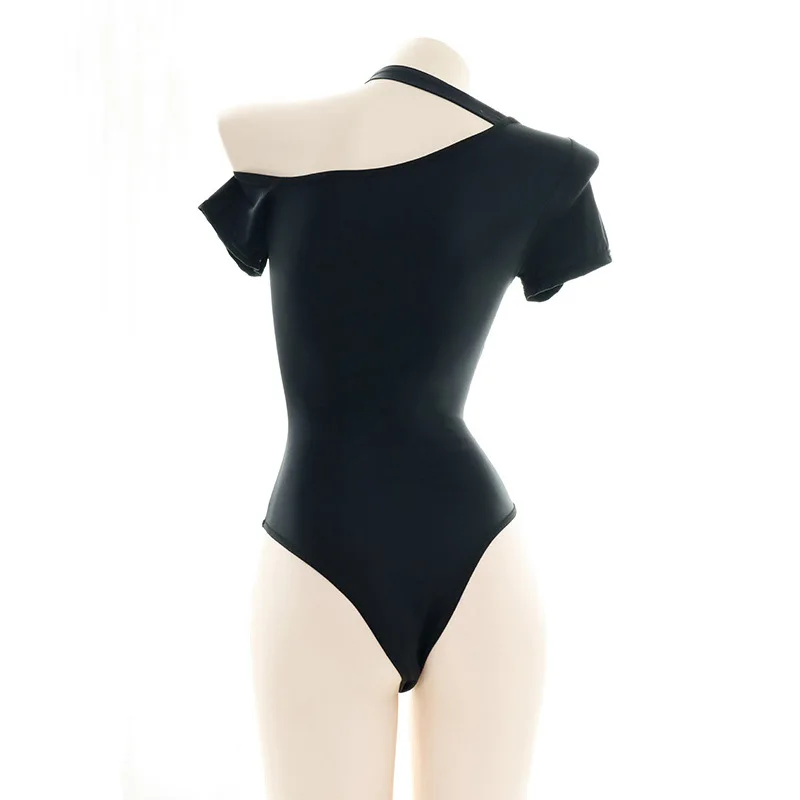 

Lolita Girls Oblique Shoulder Swimwear Women High Fork Black One-Piece Swimsuit Lingerie SUKUMIZU