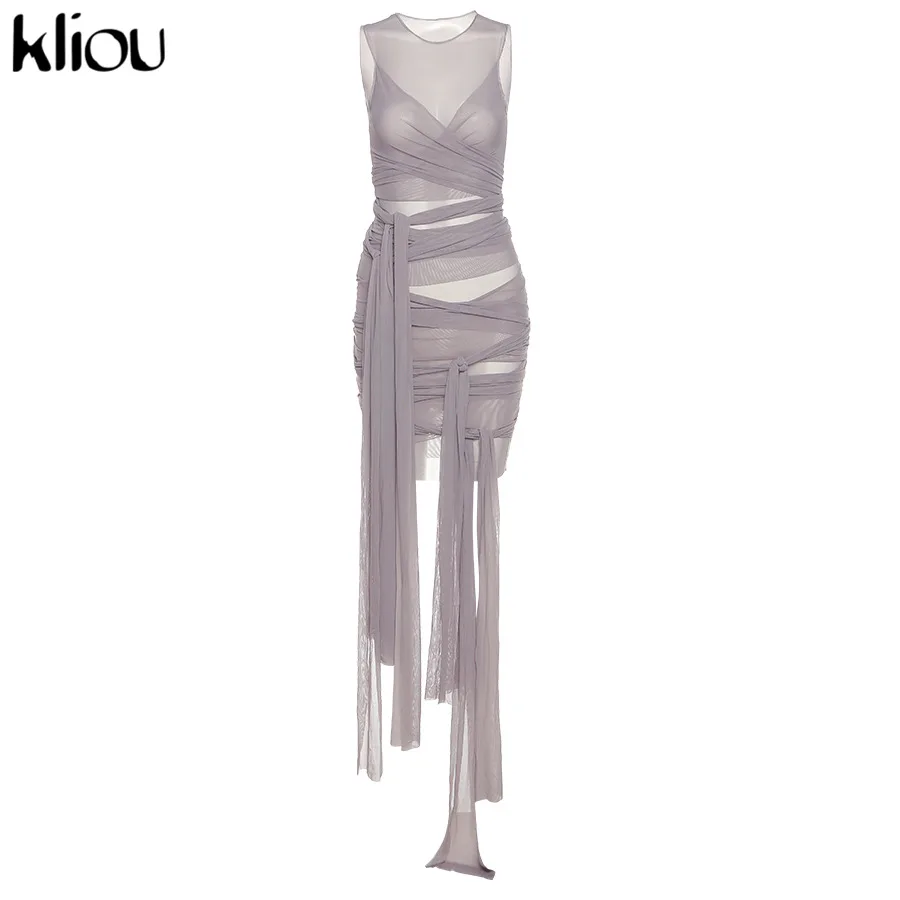 Kliou Ribbons Mesh See Through Bodycon Party Dresses Women Sexy Clubwear Mini Dress Solid Sleeveless Basic Female платье Outfits