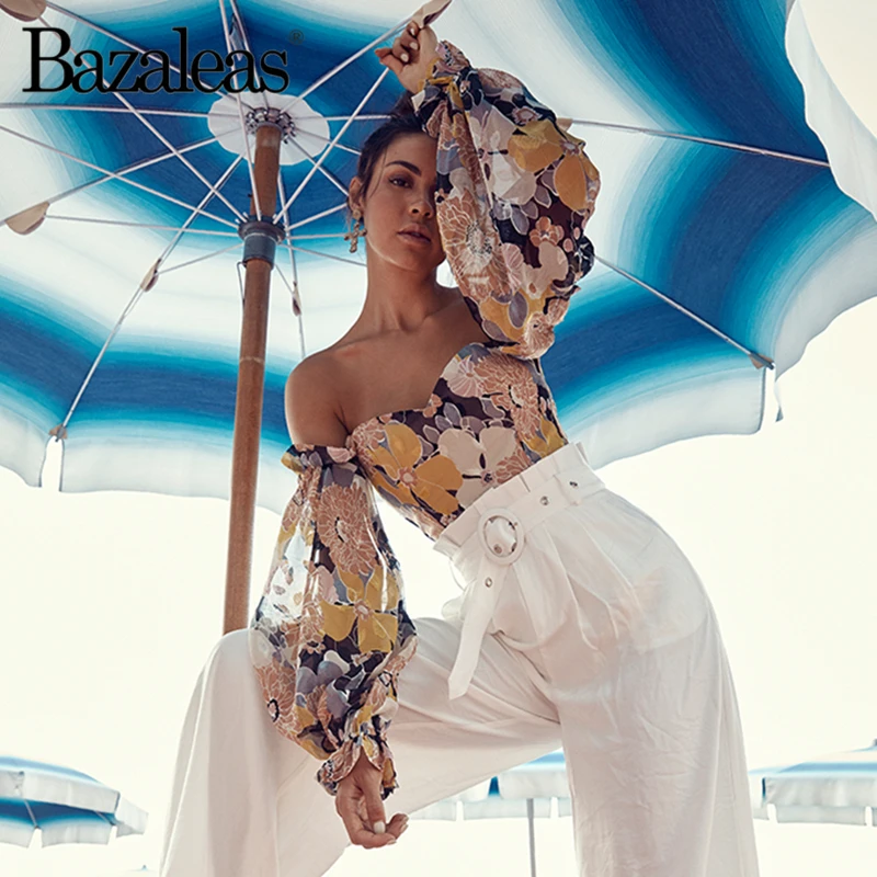Женские винтажные блузки с открытыми плечами Bazaleas яркие цветочным принтом в