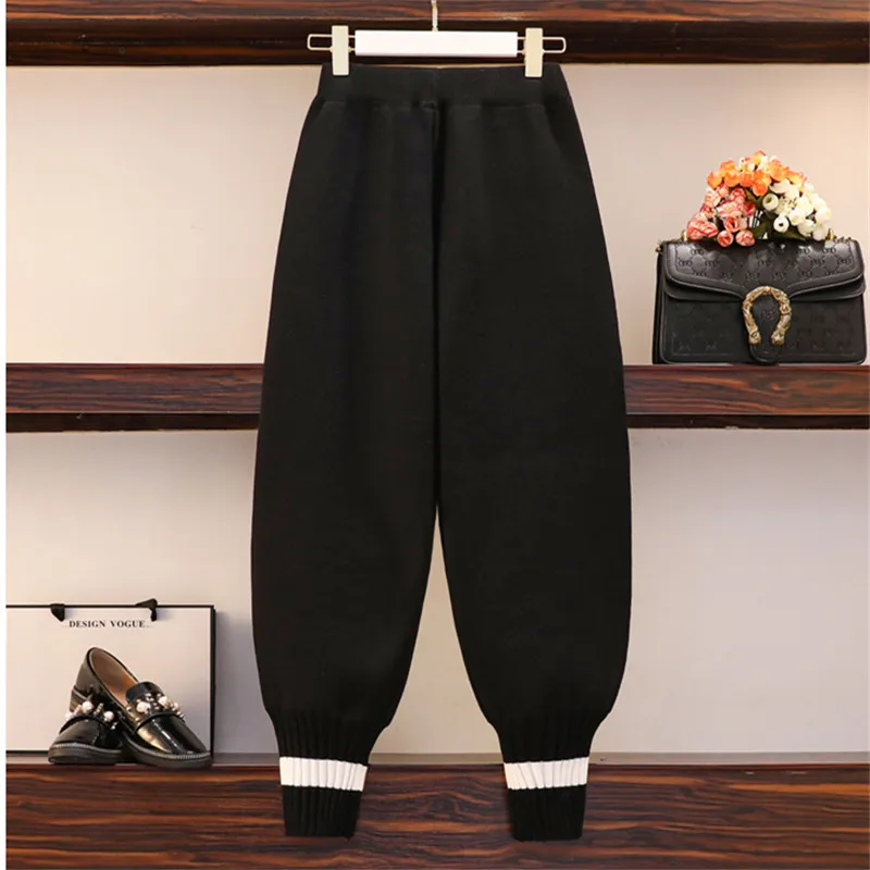 

4XL Suit Female Plus Size 2021 Spring And Autumn New Loose Cartoon Pattern Casual High-Waist Knitted Pants Women Trousers For MS