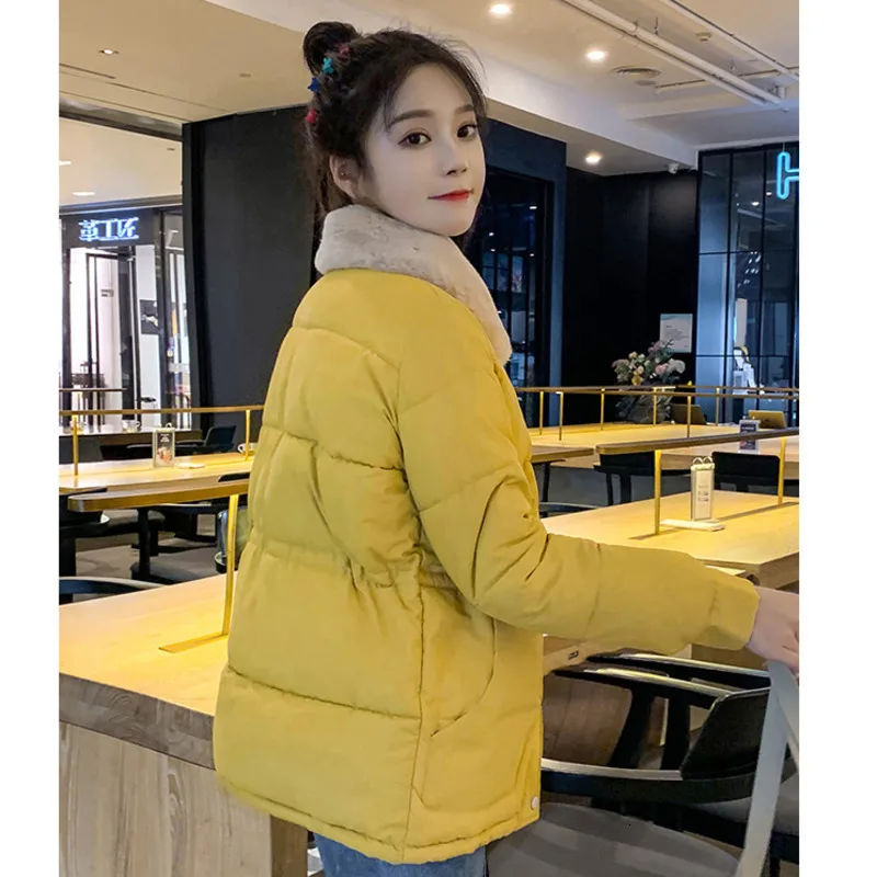 

White Women Winter Jacket Large Size Black Short Padded Red Female Winter Coat Yellow Faux Fur Collar Parka With Waist Belt