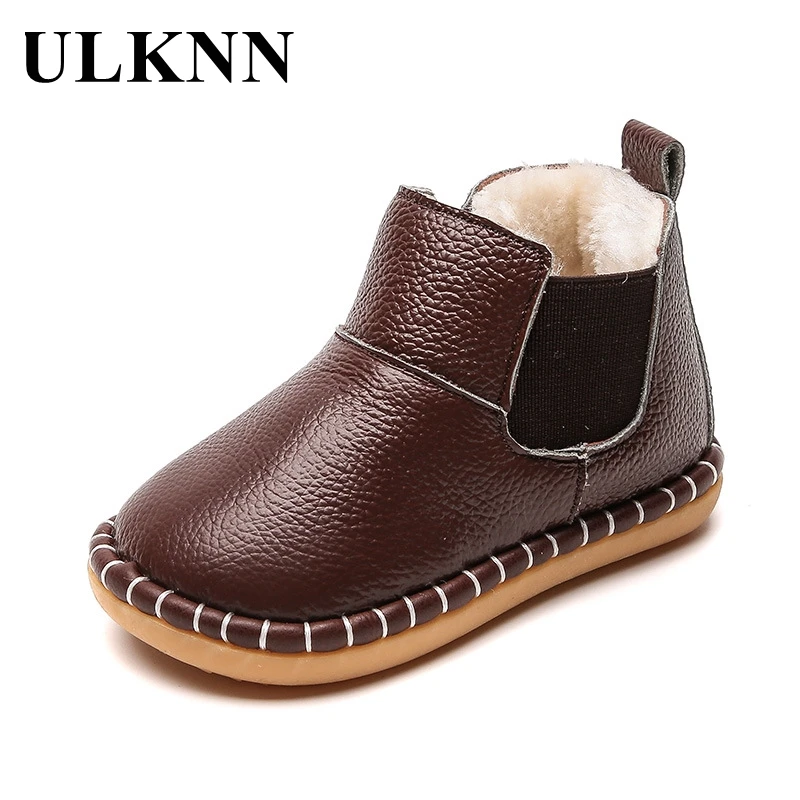 

ULKNN Kids Genuine Leather Baby Cotton Boots Soft Sole Winter Non-slip Shoes Toddler Footwears 0-3 Years Old Boys Ankle Infant