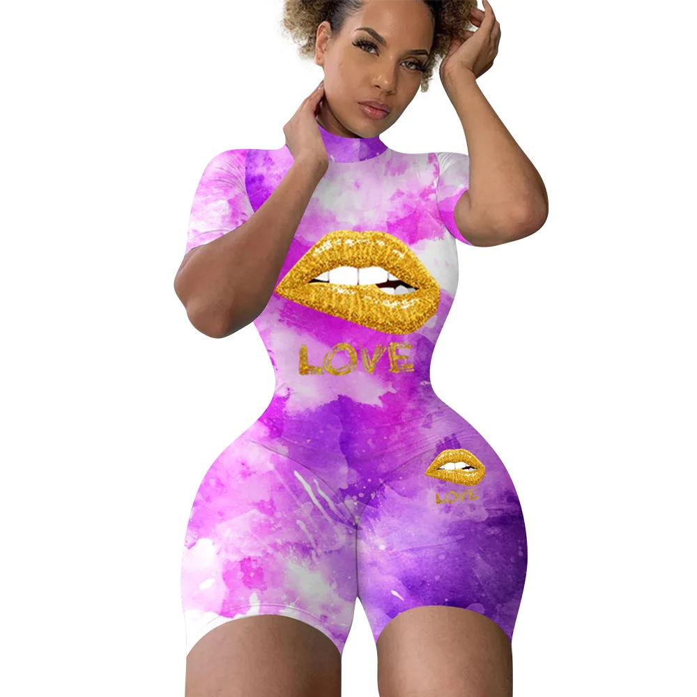 

HAOOHU Women Tie Dye Lips Short Sleeve Bodycon Playsuit Sexy Club Party Streetwear Sport Romper Bodysuit One Piece Overalls