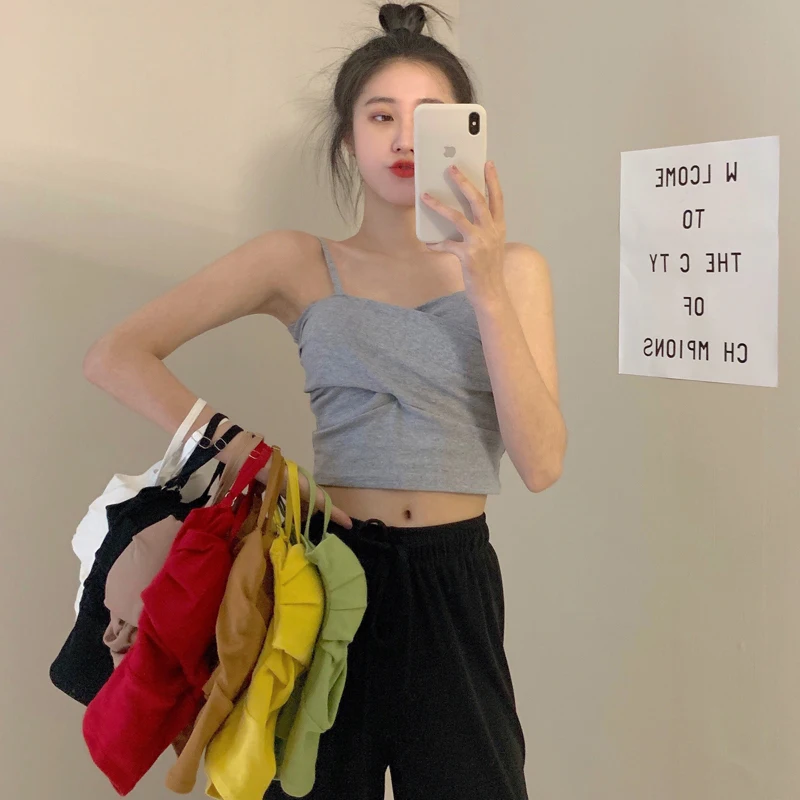 

New Fashion Women Sexy Elastic Short Tank Top Built In Bar Solid Summer Crop Top Female Sleeveless Backless Slim Low Chest Camis