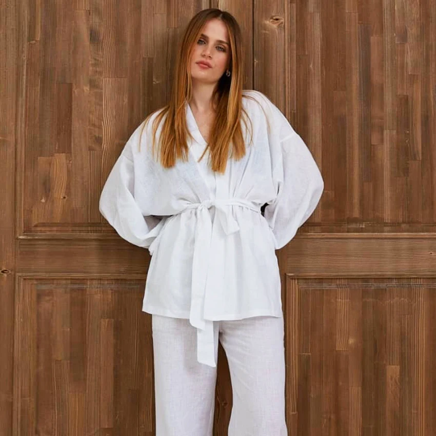 

Женский халат с рукавами-фонариками и поясом Restve, комплект из 2 предметов, хлопковый домашний халат, белые брюки, Женская Повседневная Свобо...