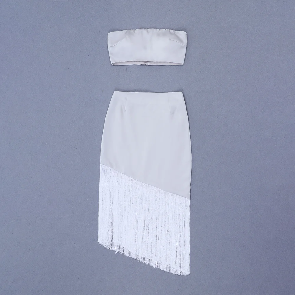 

Two Piece Asymmetry Tassel Strapless 2019 Women's High Quality Bodycon Clubware White Bandage 2 Piece