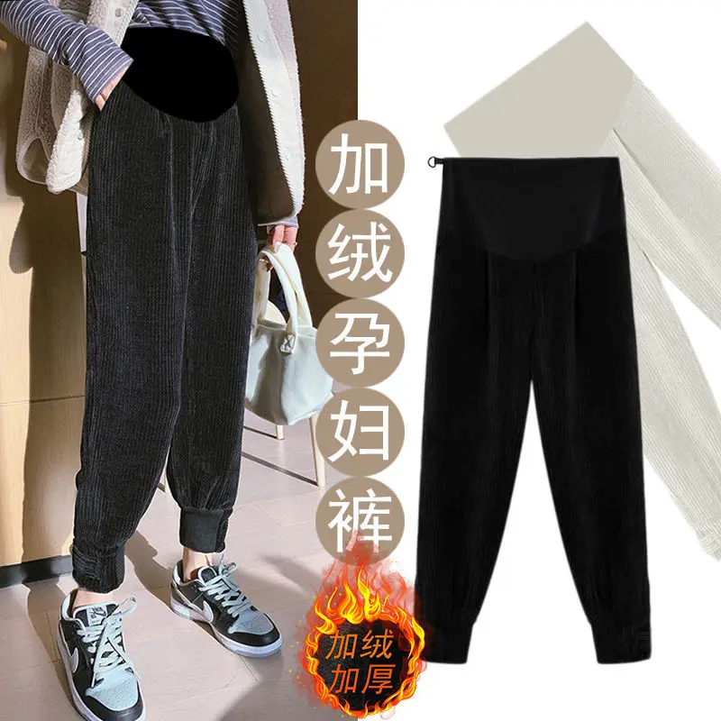 

Autumn Winter Corduroy Thick Woolen Maternity Pants Elastic Waist Belly Straight Casual Clothes for Pregnant Women OL Pregnancy