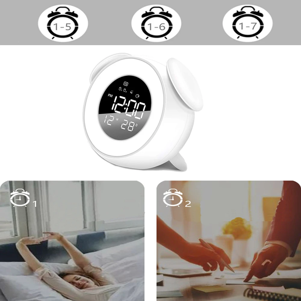 bedside sunrise sunset wake up light digital led music alarm mirror clock bedroom desk calendar snooze clock table phone charger free global shipping