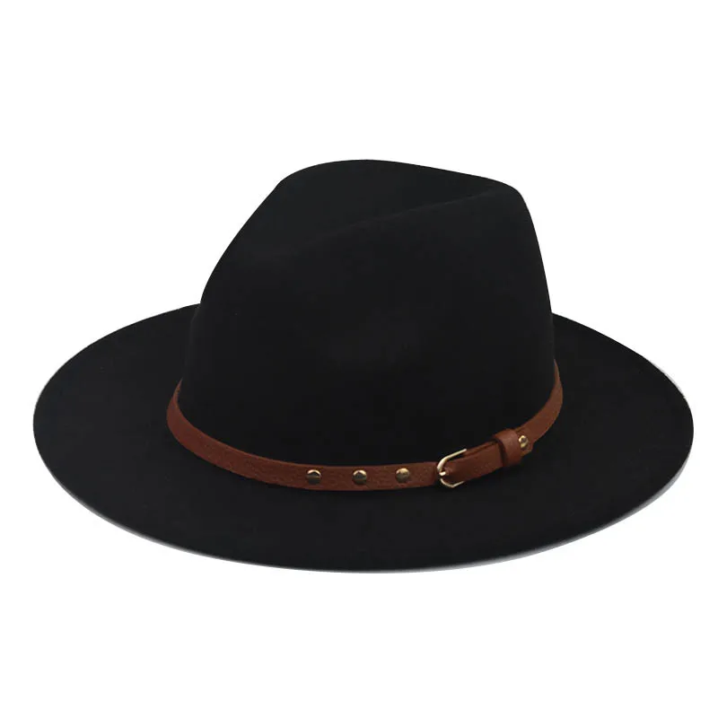 

2021 Thickened Four Seasons Belt Buckle Chain Woolen Hat Metal Chain Big Brim Felt Hat Flat Top Hat