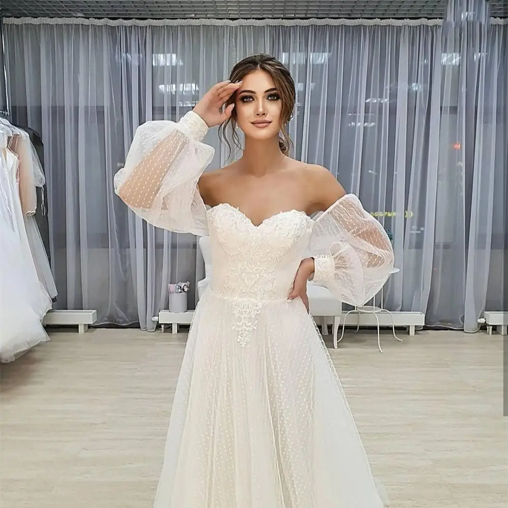 

Wedding Dress Elegant A-Line Off Shoulder Long Puff Sleeve Tulle Women Bridal Gowns Court Train Robe Mariee Sweetheart Charming