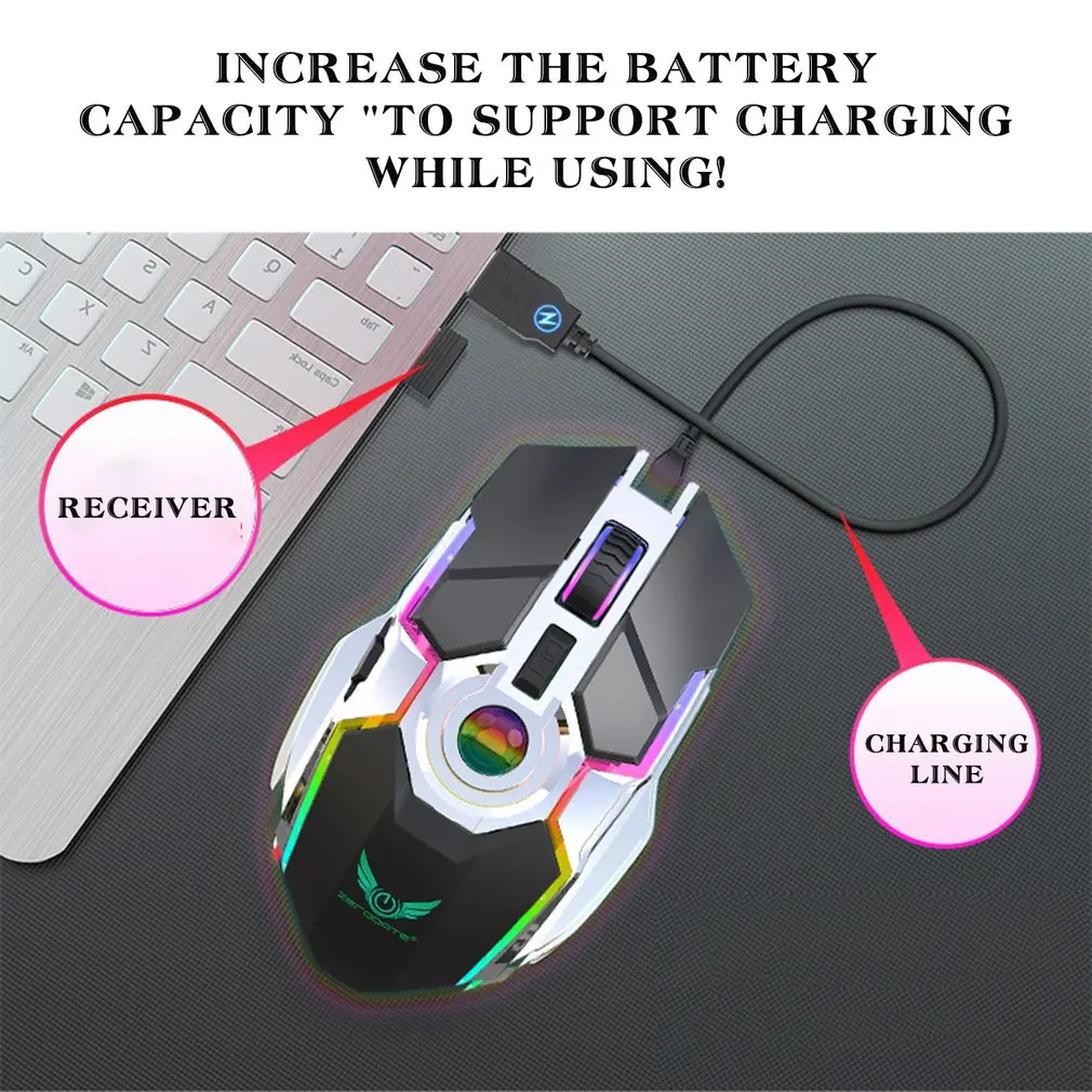 

ZERODATE T30 Mechanical Wireless 2.4G 7 Button 2400DPI Mouse W/usb Receiver RGB Streaming Effect for Game and Office USB 2400