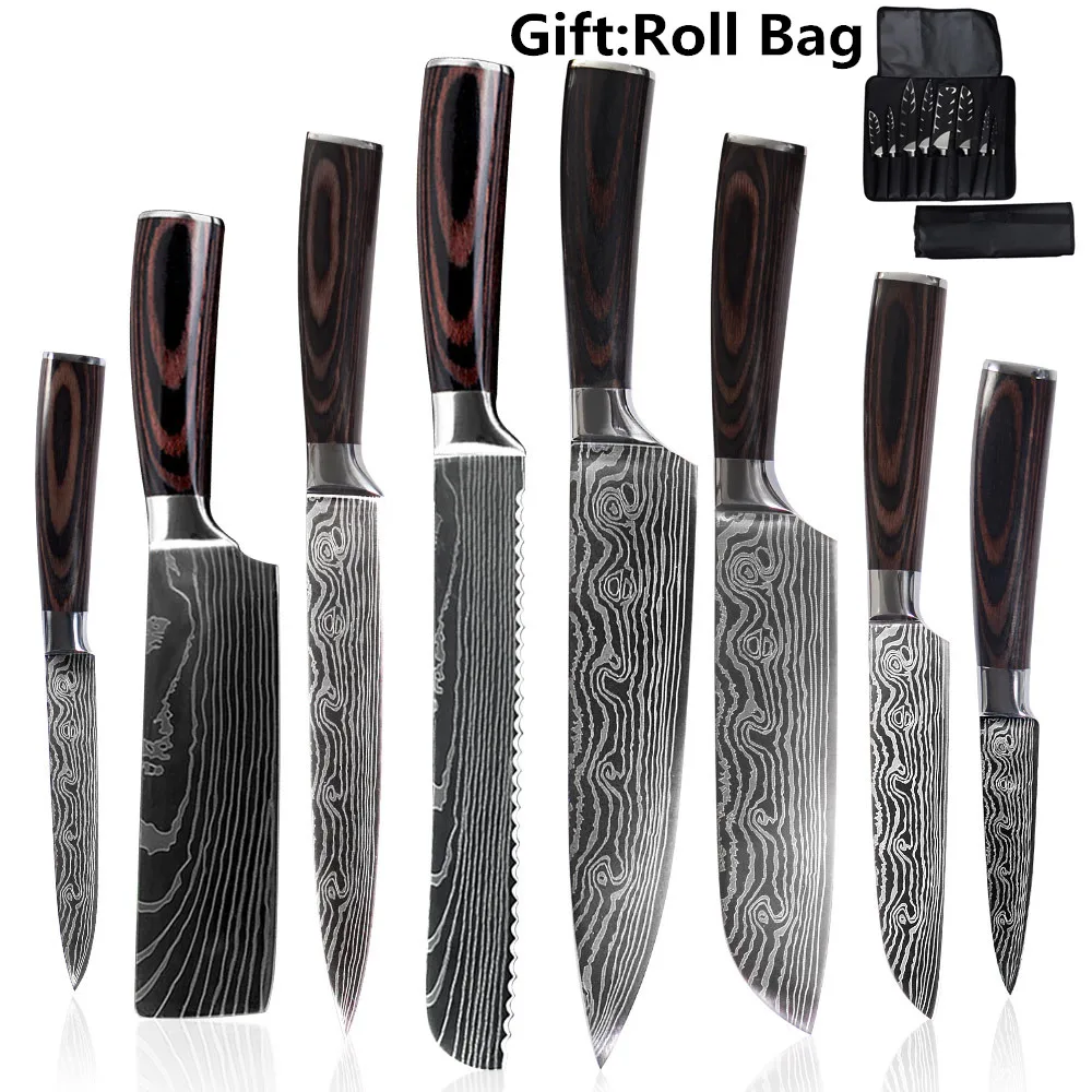 9PCS value set SOWOLL немецкий Высокоуглеродистый нож из нержавеющей стали, эргономичная ручка, Ультра острый, бесплатный подарок, кухонный нож в рулоне, сумка, чехлы - Цвет: 9PCS value set