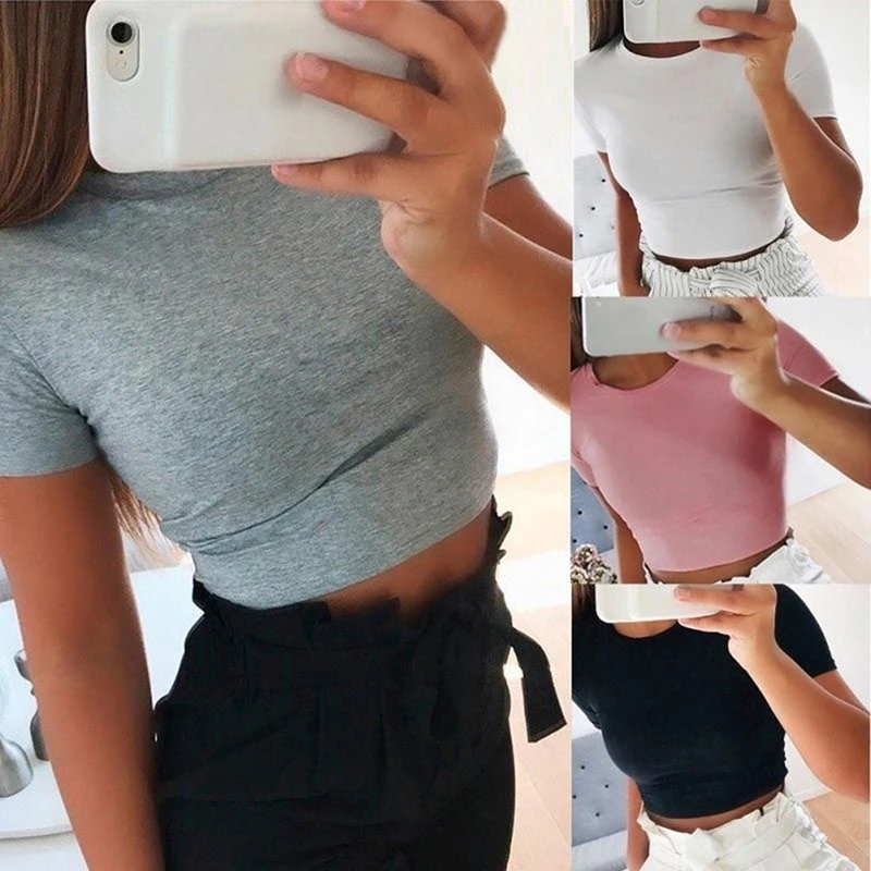 

2021 Summer Women Fashion Crop Top Shirt Solid Color O-Neck Short Sleeve T-shirt Casual Tees Basic Solid Color