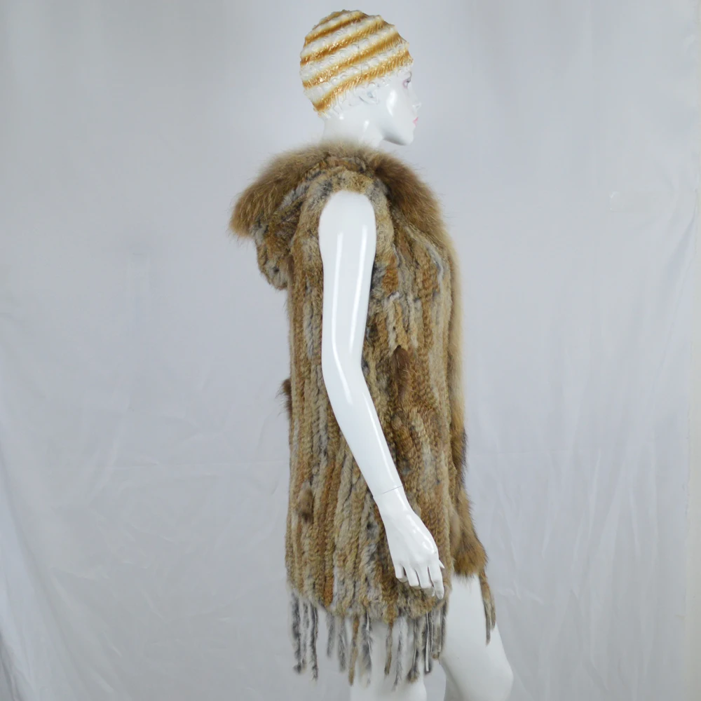 2020 Women Hooded Knitted Real Rabbit Fur Vests Genuine Long Gilet With Tassels Raccoon Collar Rabbitt Coat | Женская одежда