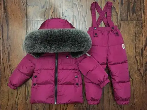 fox fur purple Пуховый костюм для русской зимы для девочек, теплые зимние костюмы для детей куртка на утином пуху для мальчиков+ комбинезон, комплект одежды из 2 предметов, детская зимняя одежда - Цвет: fox fur purple