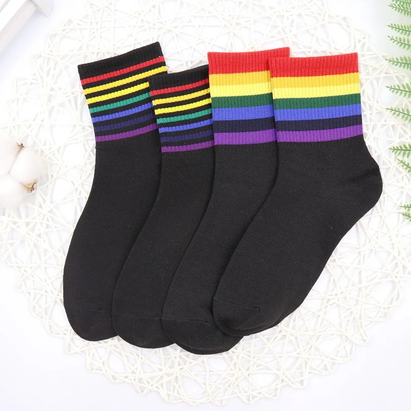 2 pairs 2 пары, женские модные носки с радугой, зимние женские носки, хлопковые носки с радужными полосками, модные теплые Повседневные носки для девочек в стиле Харадзюку - Color: 2 pairs