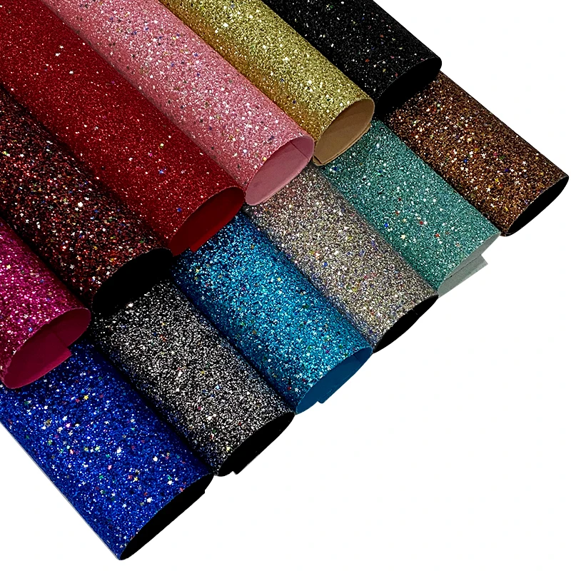 

Colorful Star Sequin Solid Color Chunky Glitter Faux Leather Fabric Sheet for Making Shoe/Bag/Hair Bow/DIY Accessories