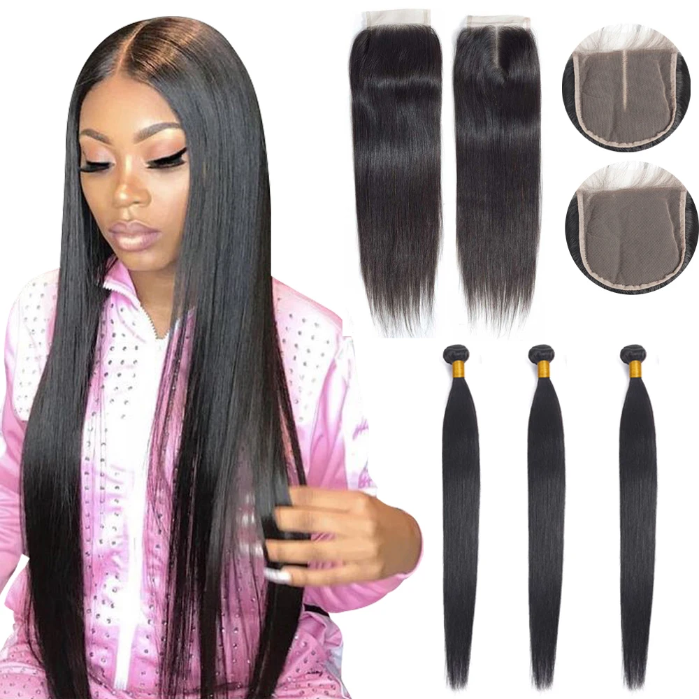 

Brazilian Straight Hair 3 Bundles With Closure 100% Remy Weaves Human Hair Extension With 4*4 Lace Closures Double Weft