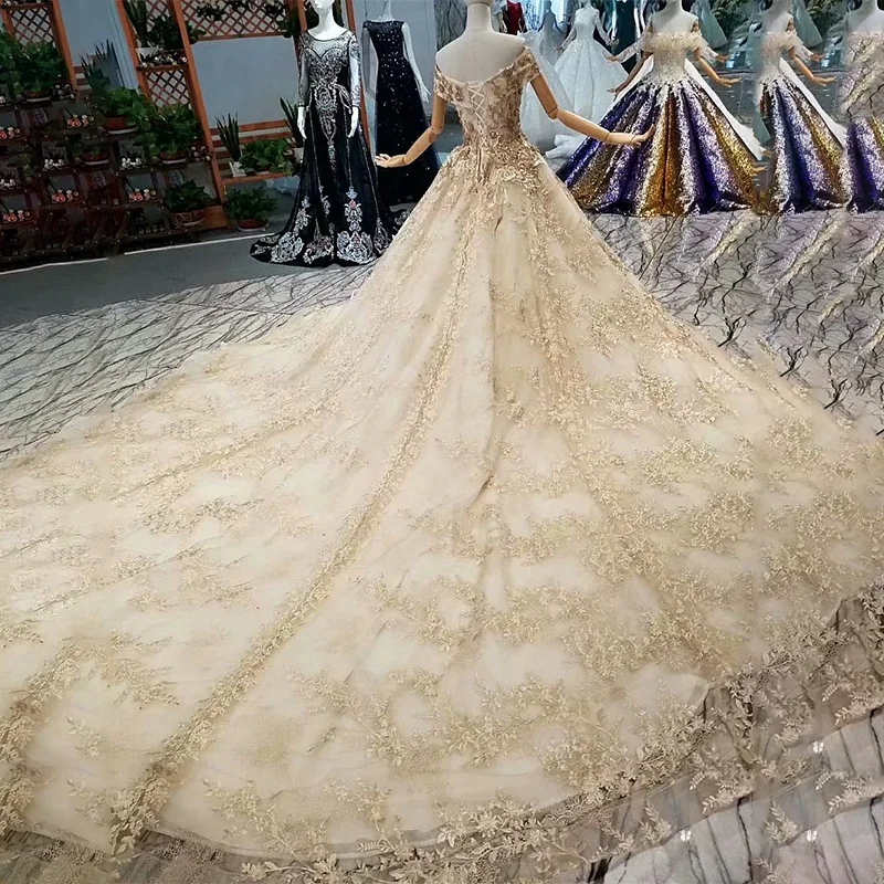 Блестящие Длинные вечерние платья LS247110 с золотыми кружевами открытыми плечами