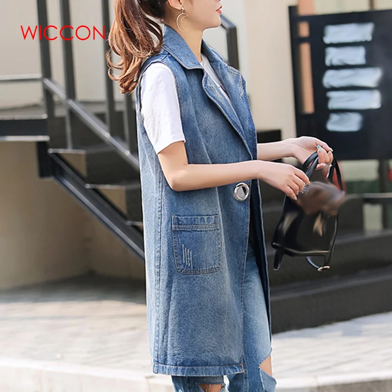 Женская джинсовая куртка длинный ковбойский жилет с воротником весна осень